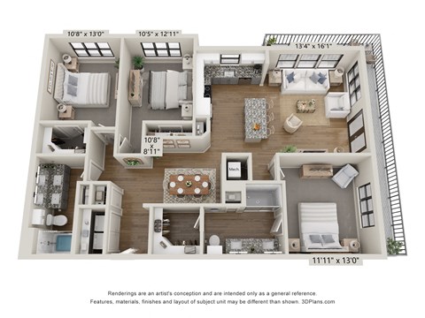 Floor plan for 3 beds, 2 baths, 1438 sqft